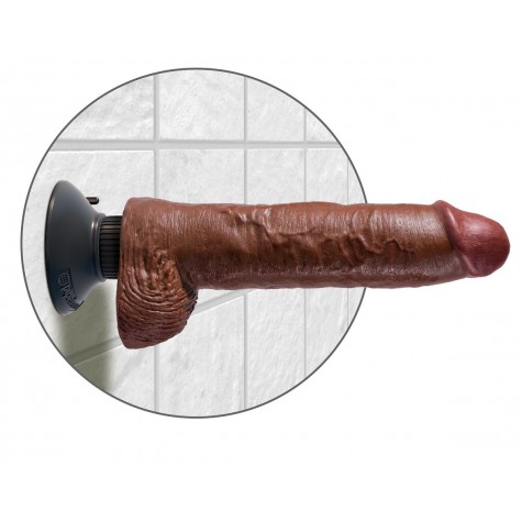 Коричневый вибратор-гигант со съёмной присоской 10" Vibrating Cock with Balls - 25,4 см.